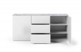 Buffet WHITY 2 blanc mat 180cm 2 portes/3 tiroirs Plateau en Marbre blanc